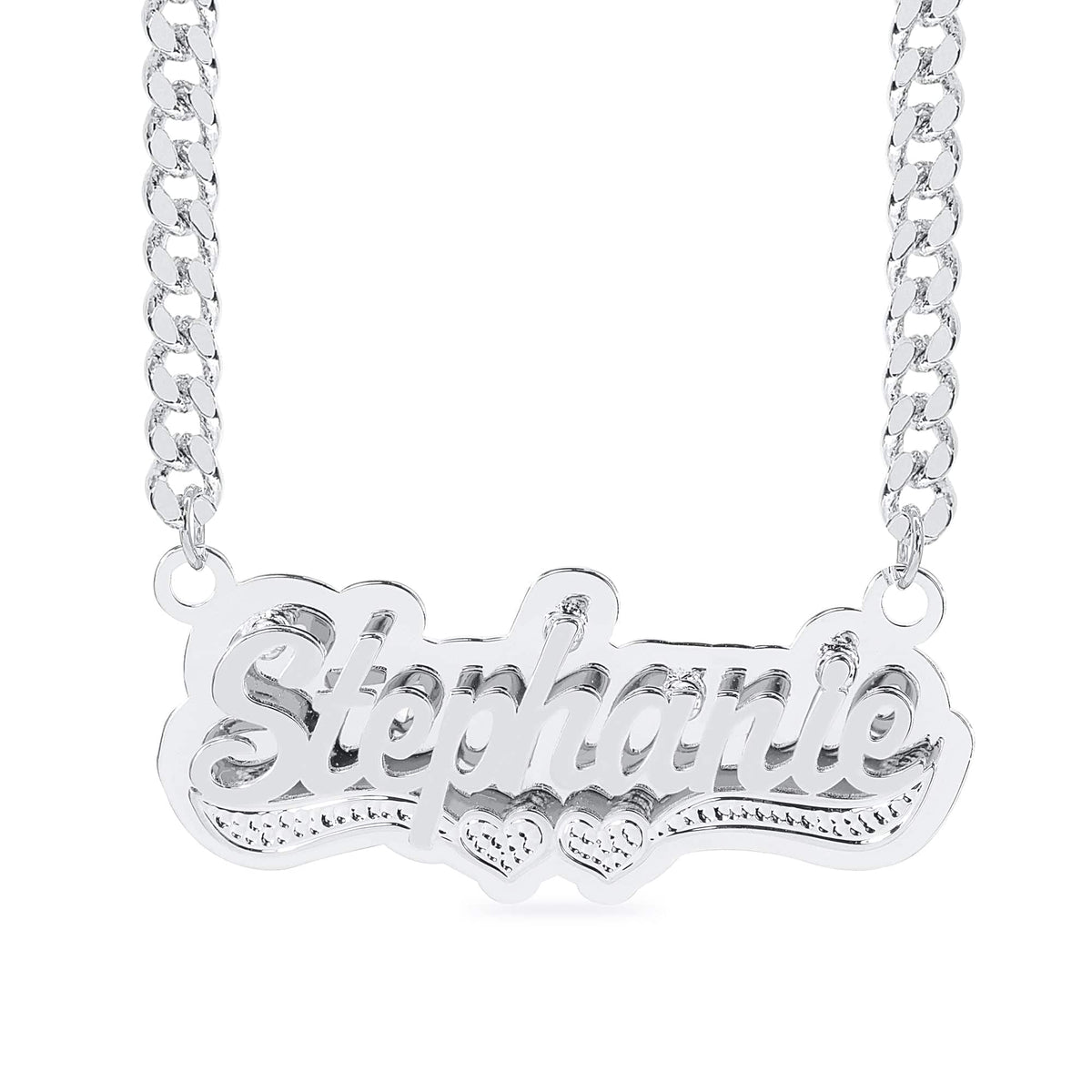 Double Plated Name Necklace with Beading on Hearts and Tail &quot;Stephanie&quot;