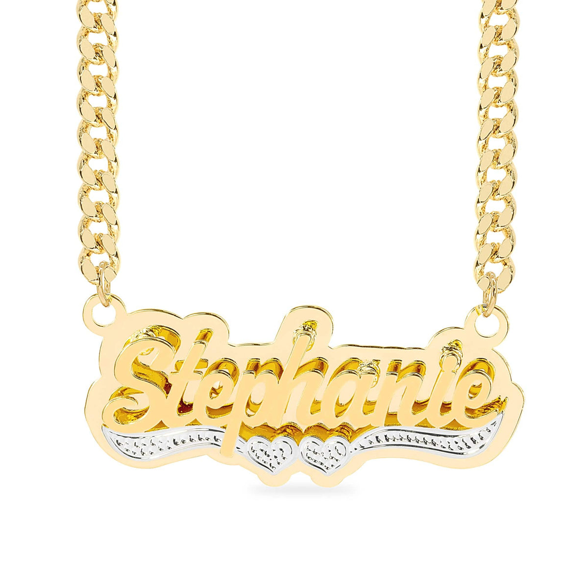Double Plated Name Necklace with Beading on Hearts and Tail &quot;Stephanie&quot;