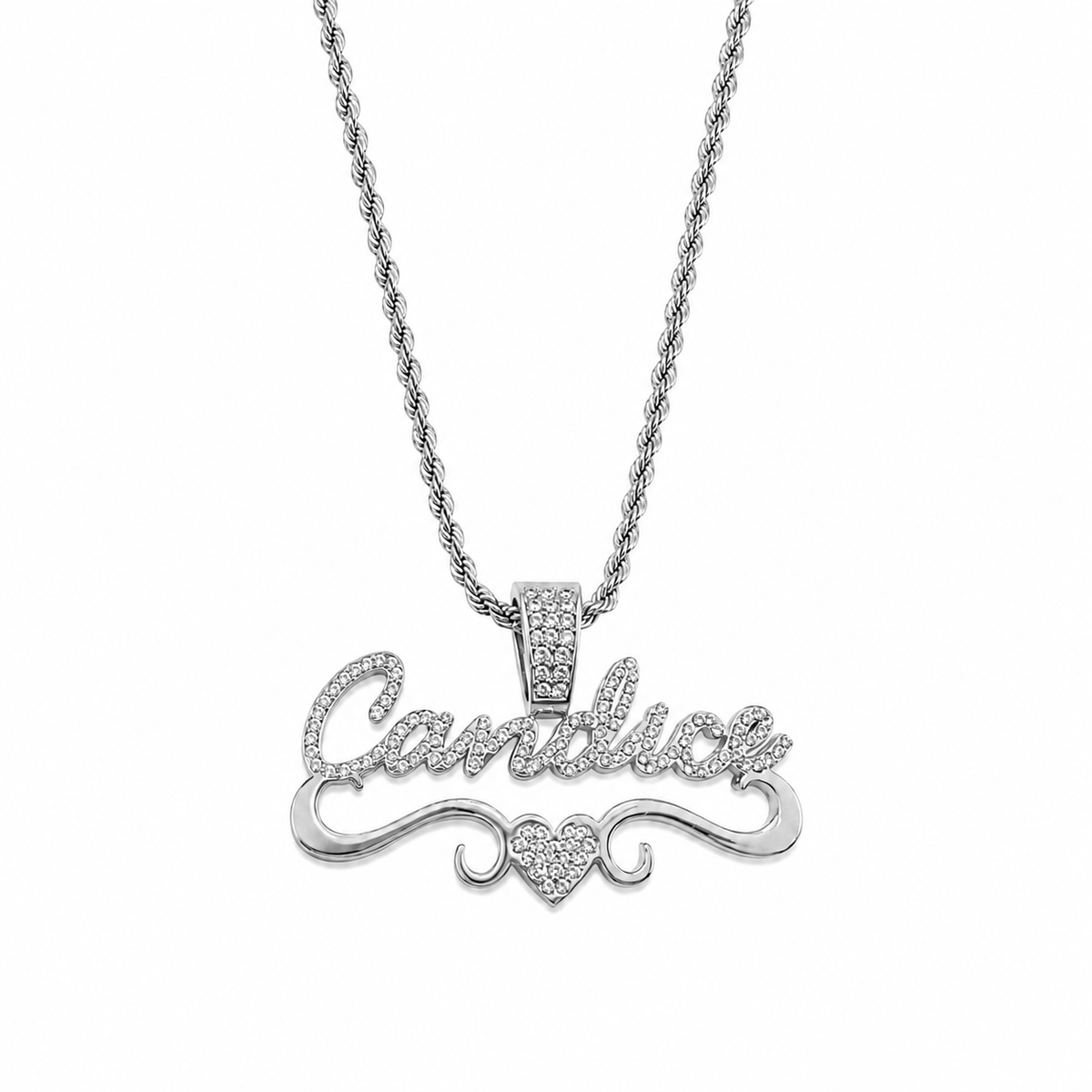 Script Iced out Bale Name Necklace with heart
