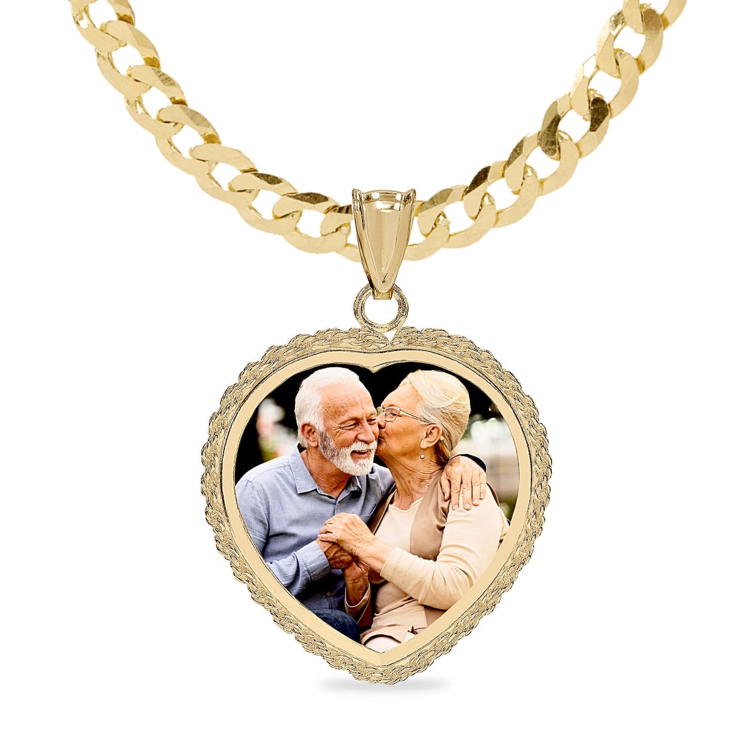 Cuban Chain / Gold Plated Copy of Portrait Pendant with Rope Heart Frame