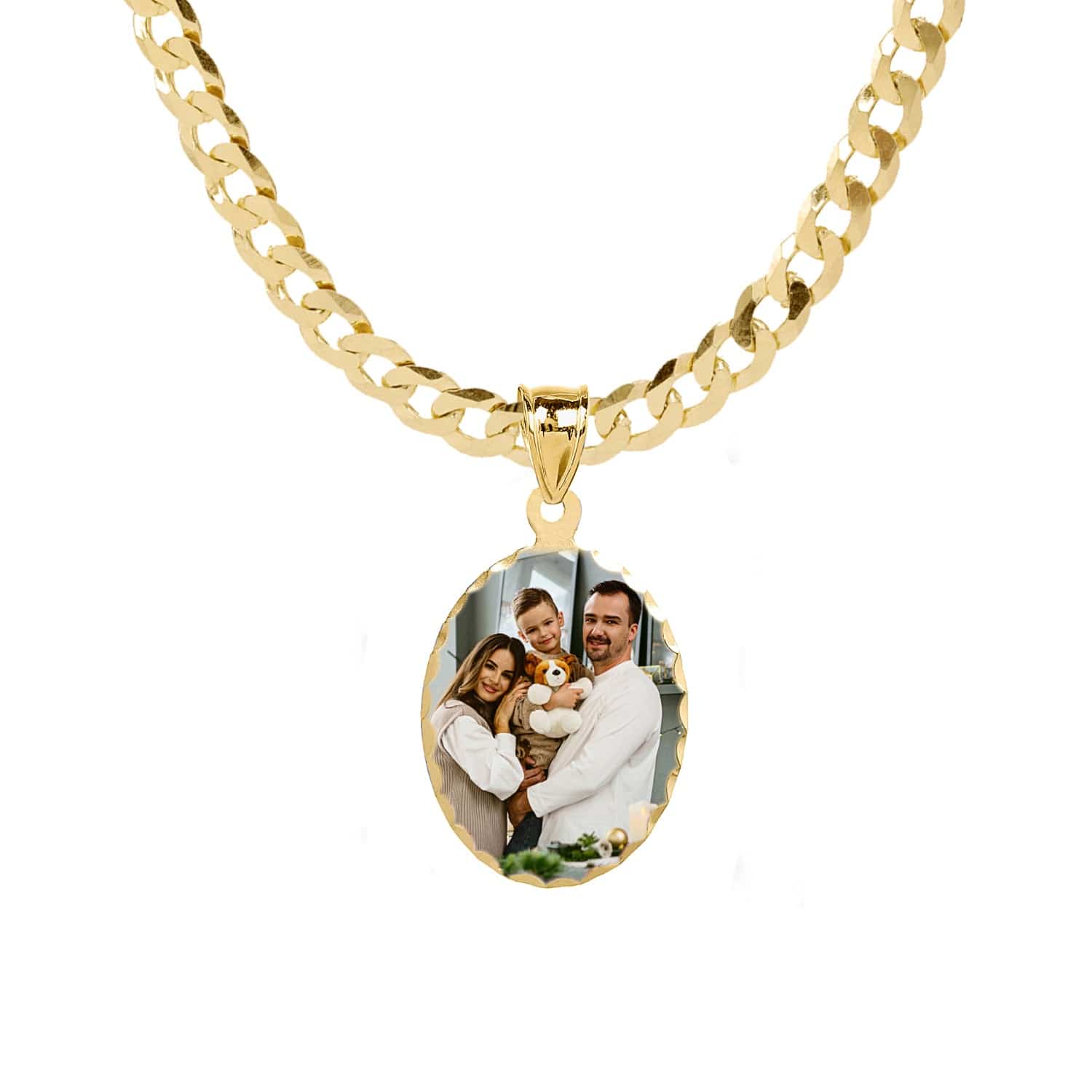 Gold Plated / Cuban Chain Copy of Oval Portrait Pendant with Diamond Cut Edges