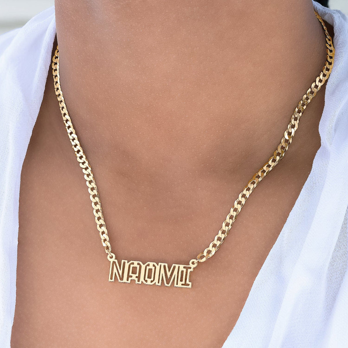 Gold Plated / Cuban Chain Outlined Single 10mm High Name Necklace with Cable Chain