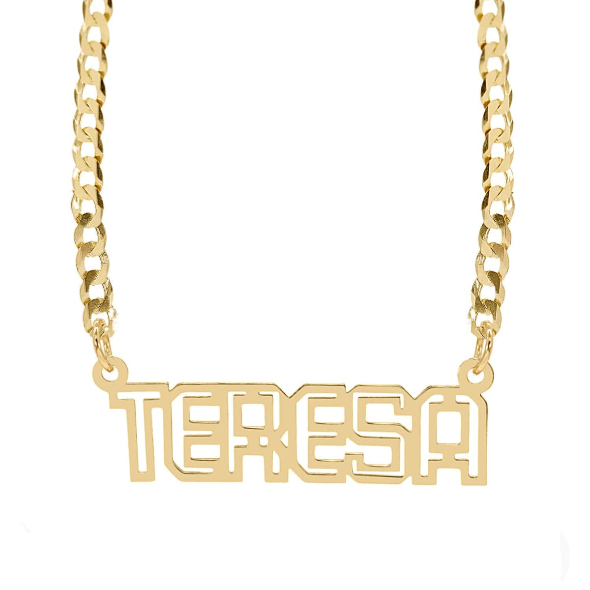 Gold Plated / Cuban Chain Outlined Single 10mm High Name Necklace with Cable Chain