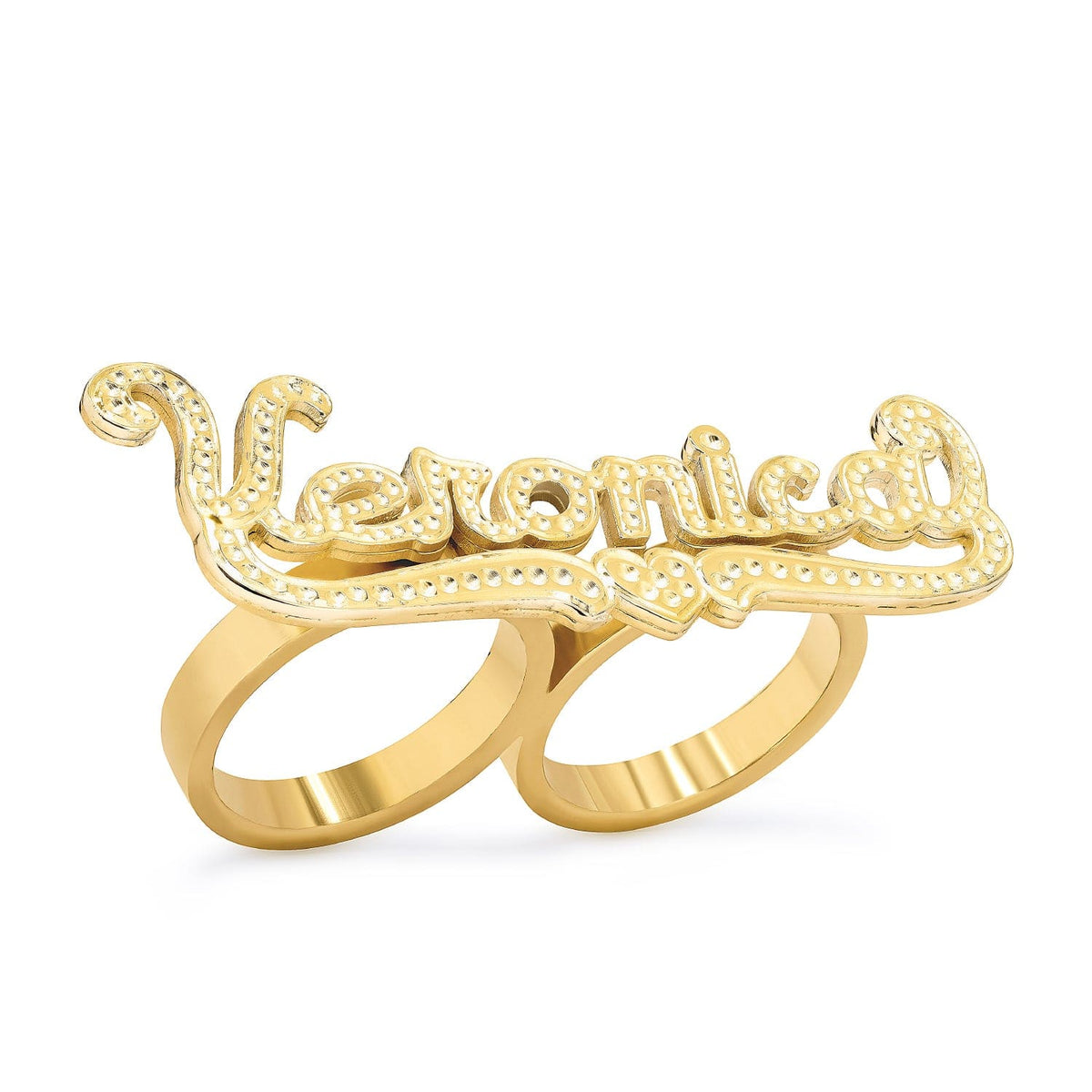 Gold Plated Double-Finger Name Ring with Beading/Rhodium