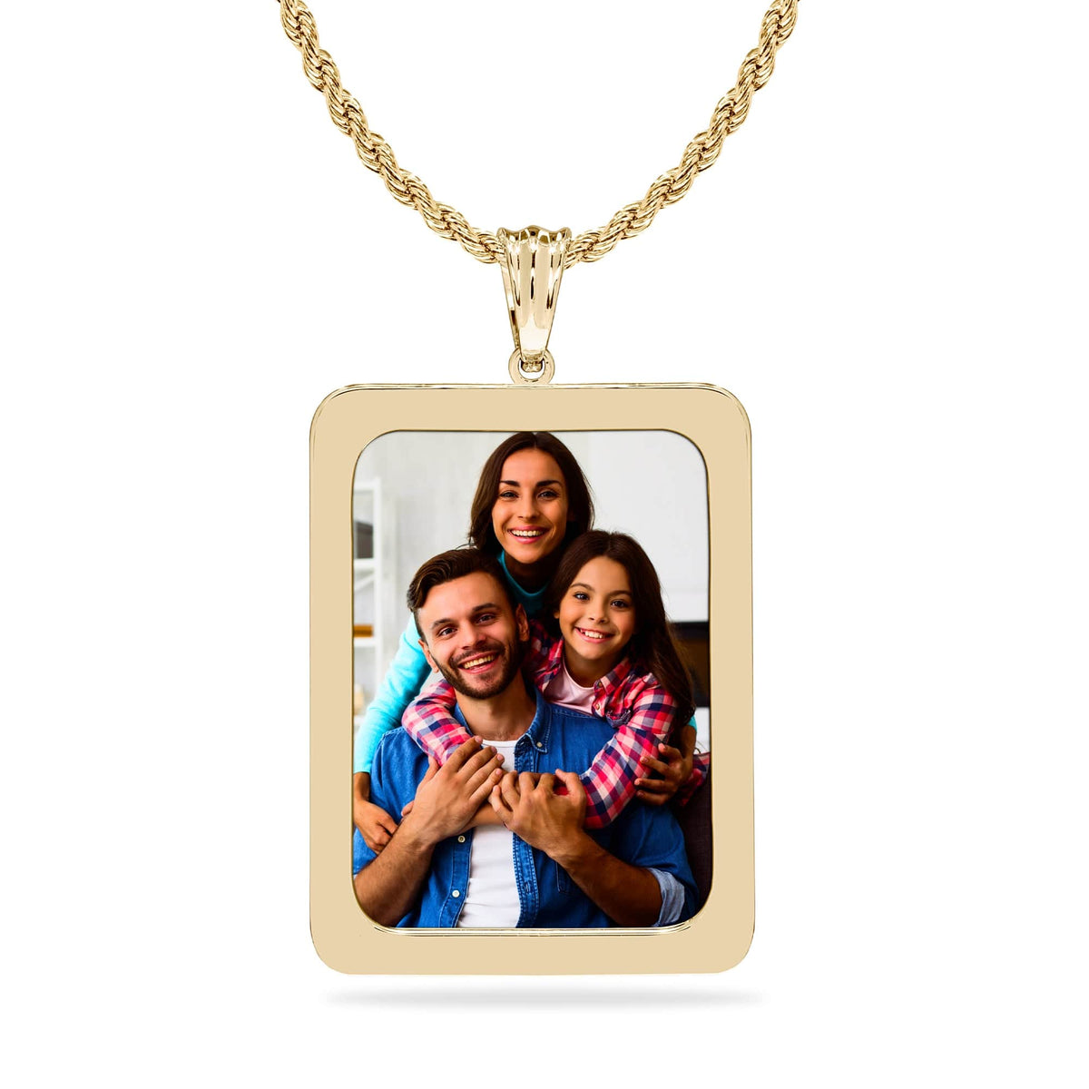 Gold Tone Stainless Steel / Rope Chain High Polished Rectangle Photo Pendant