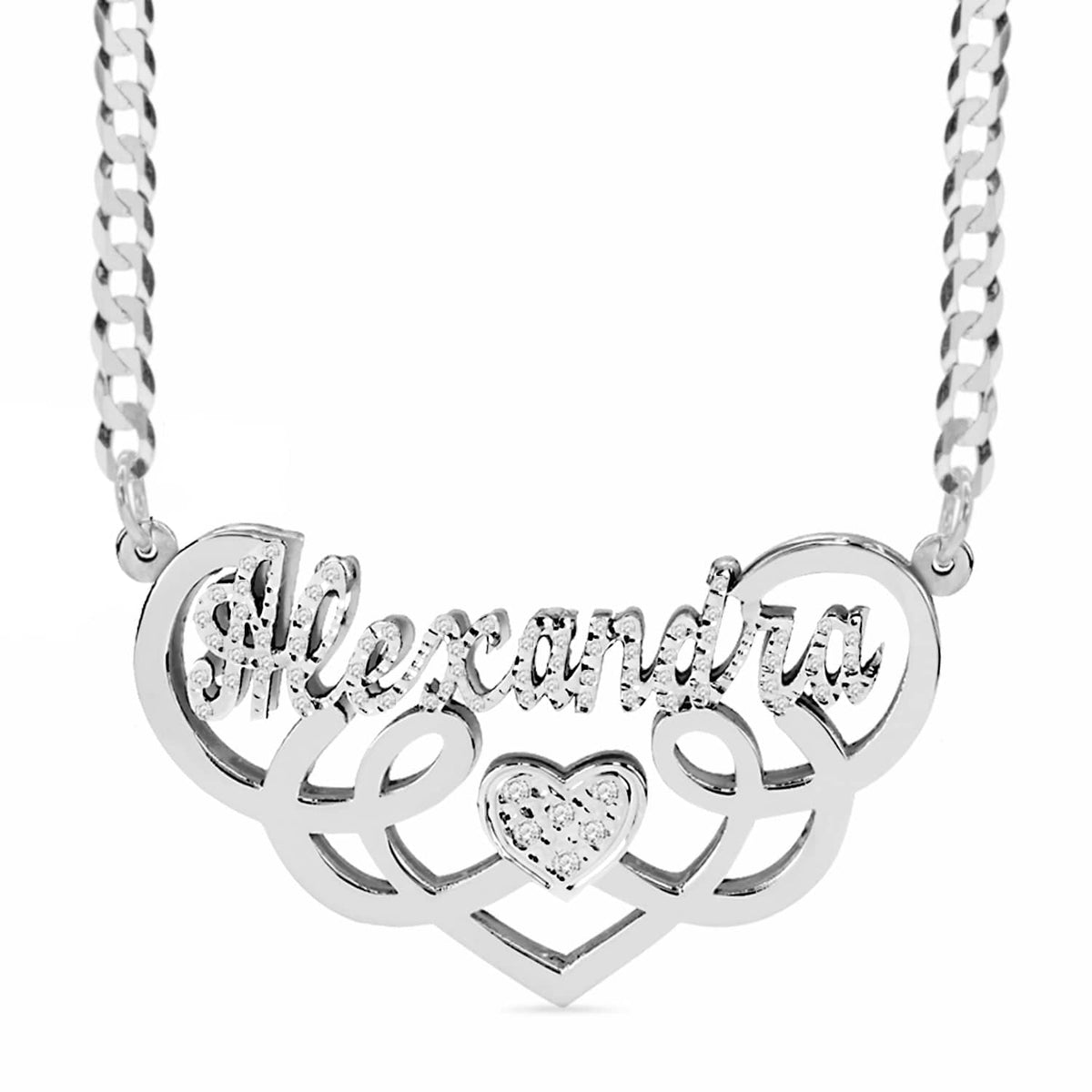 Silver Plated / Cuban Chain Copy of Fancy Double Plated Name Necklace &quot;Alexandra&quot; with Cuban chain