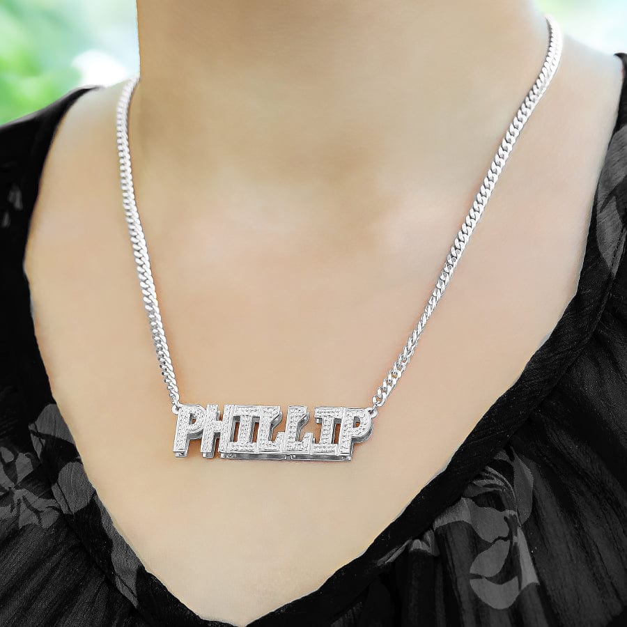 Silver Plated / Cuban Chain Double-plated Block Name Necklace