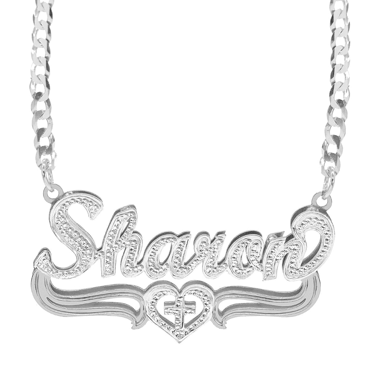 Silver Plated / Cuban Chain Double-plated Script Name Necklace with Beading/Rhodium