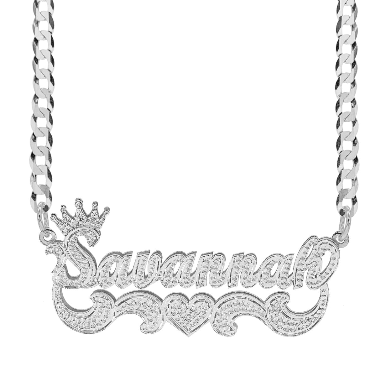 Silver Plated / Cuban Chain Double-plated Script Name Necklace with Beading/Rhodium All Over Name and Tail