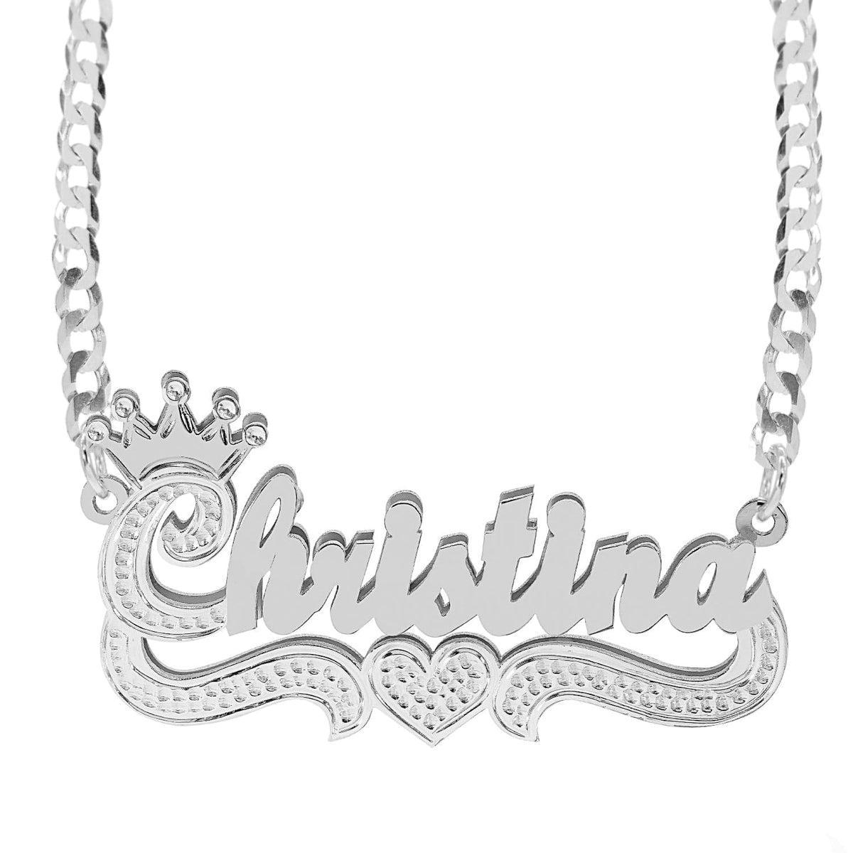 Silver Plated / Cuban Chain Double-plated Script Name Necklace with Crown on First Initial