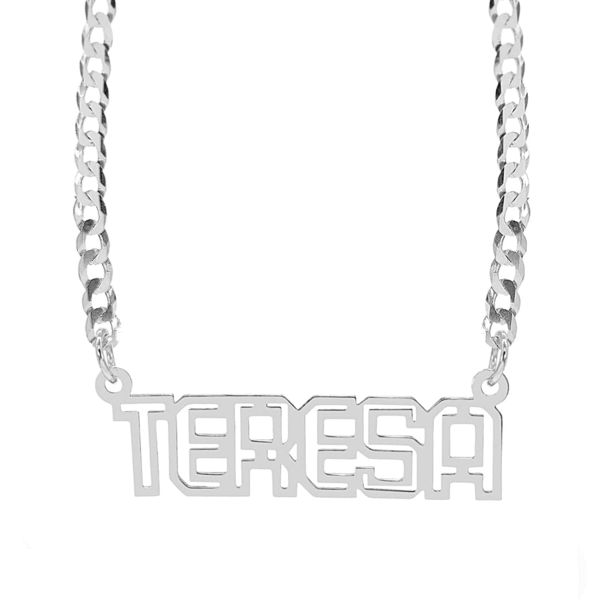 Silver Plated / Cuban Chain Outlined Single 10mm High Name Necklace with Cable Chain