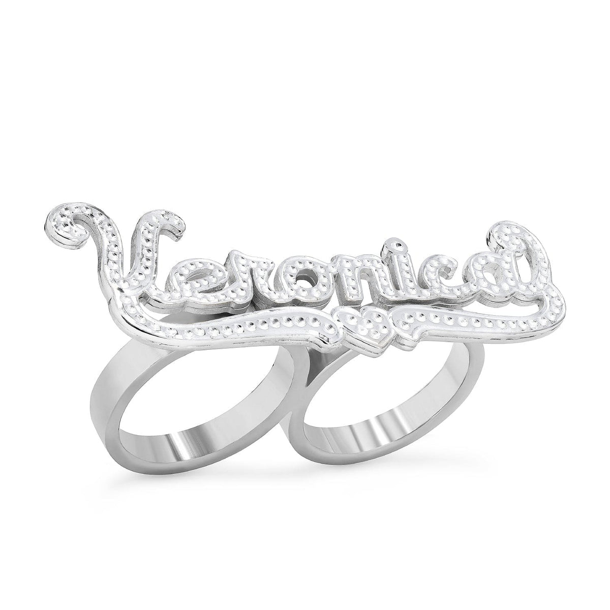 Silver Plated Double-Finger Name Ring with Beading/Rhodium