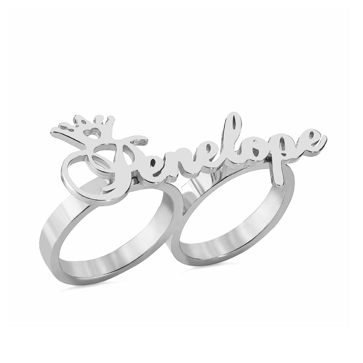 Silver Plated Double-Finger Name Ring with Crown on First Initial