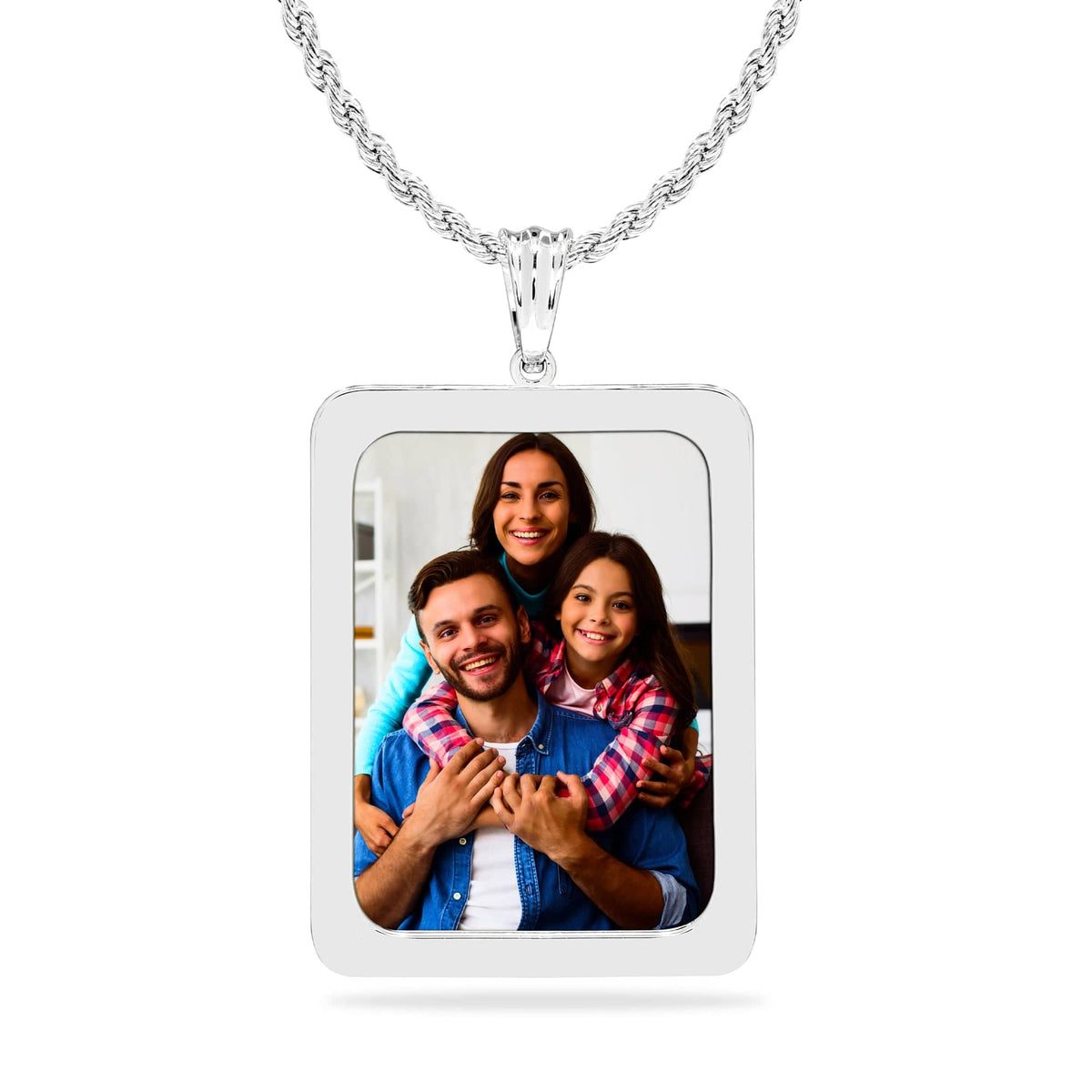 Stainless Steel / Rope Chain High Polished Rectangle Photo Pendant