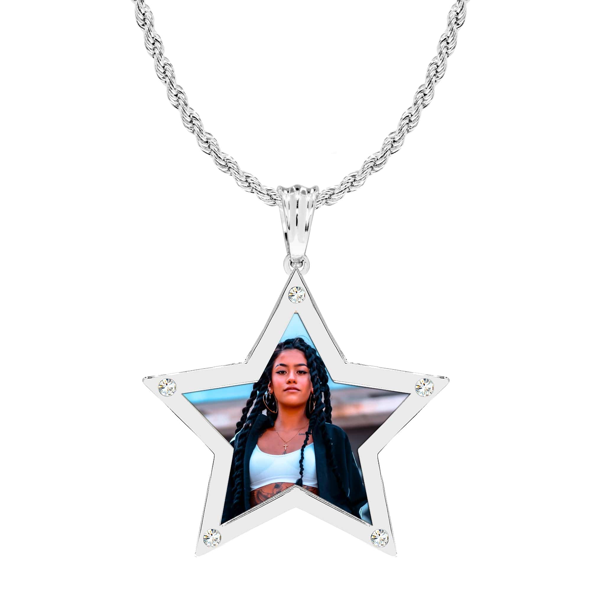 Gold Tone Stainless Steel / Rope Chain Star Shaped Photo Pendant With Zirconia