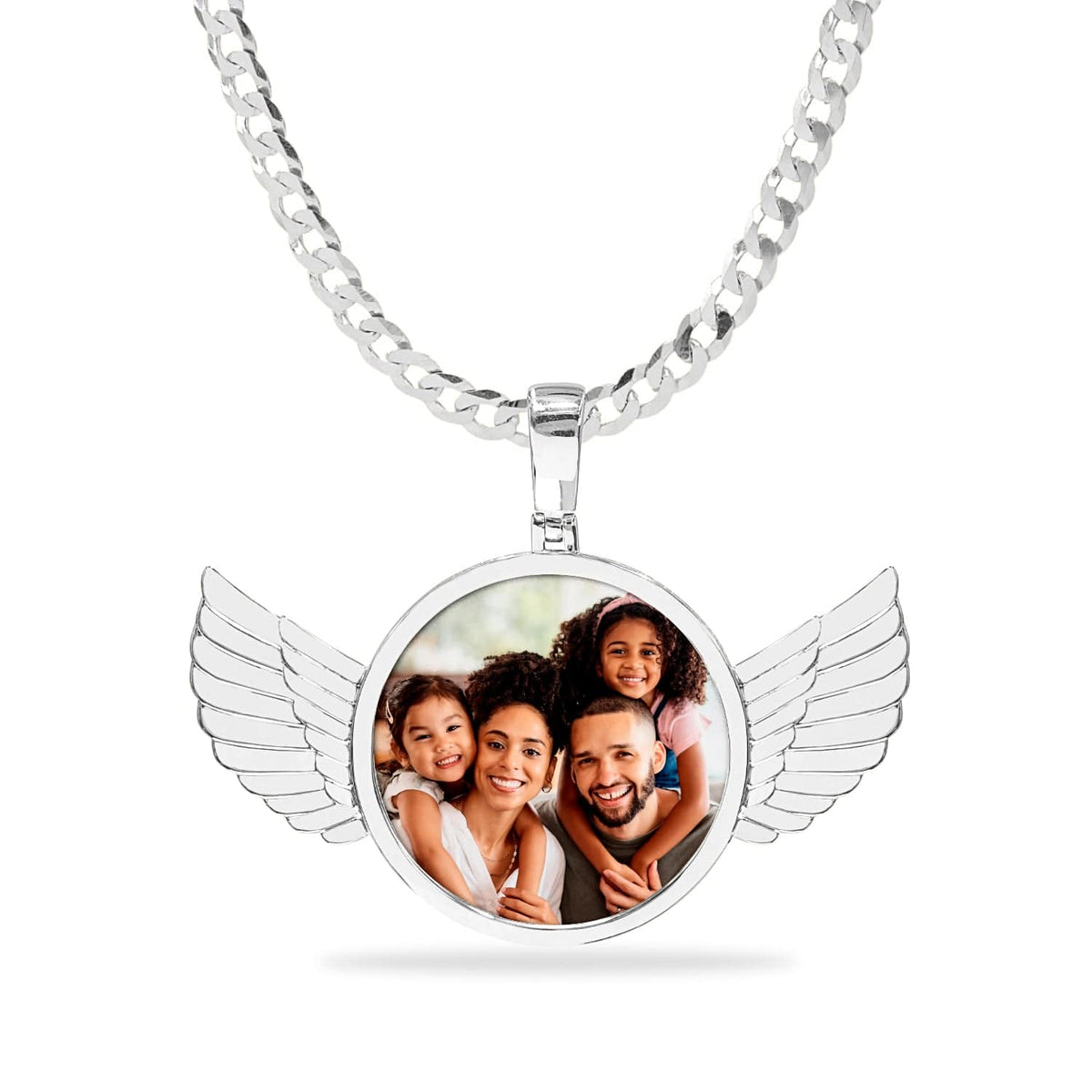 Sterling Silver / Cuban Chain High Polished Round Photo Pendant with Wings