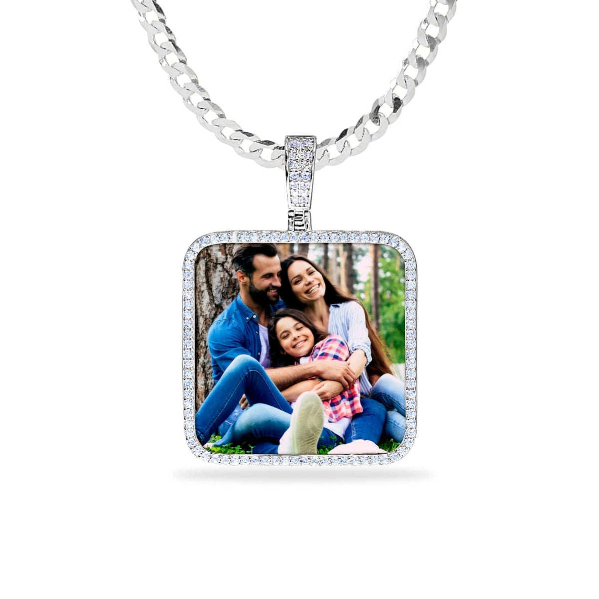 Sterling Silver / Cuban Chain Iced Out Square Photo Pendant