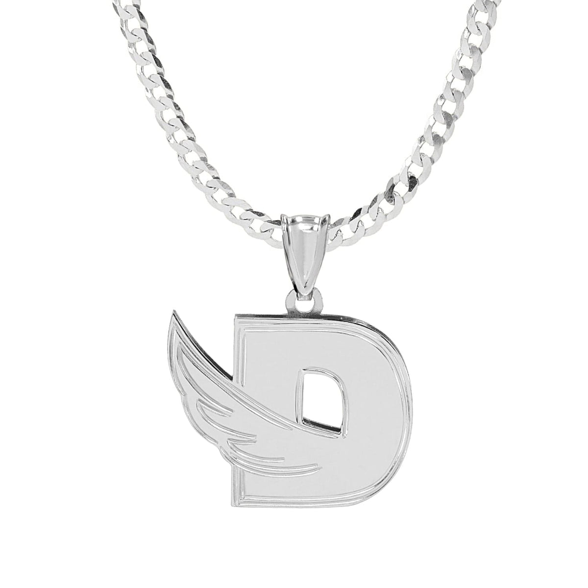 Sterling Silver / Cuban Chain Initial Necklace - Double Plated with Wing