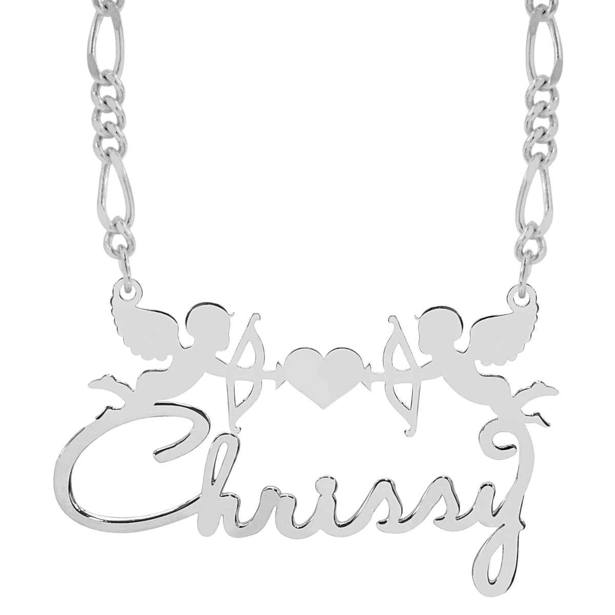 Sterling Silver / Figaro Chain Personalized Cupid Name Necklace