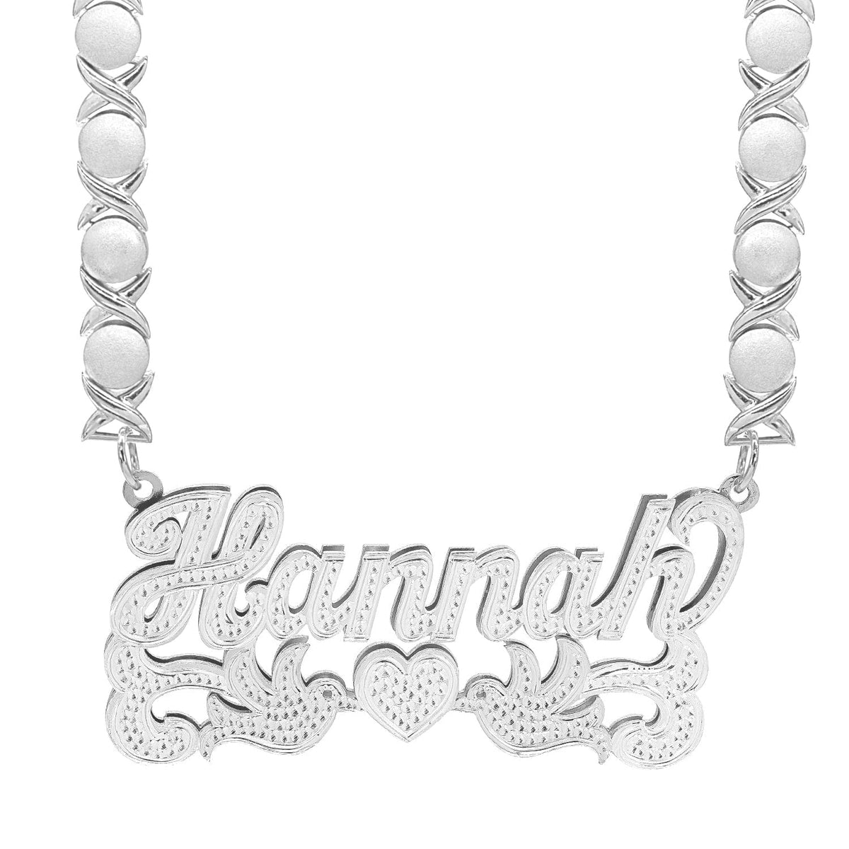 Sterling Silver / Rhodium Xoxo Chain Double Nameplate Necklace w/ Love Birds &quot;Hannah&quot;