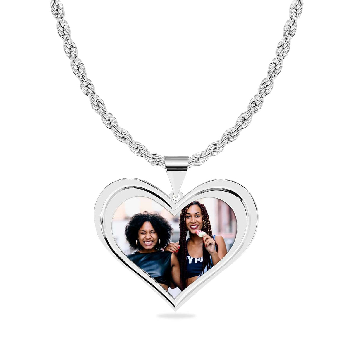 Sterling Silver / Rope Chain High Polished Heart Photo Pendant
