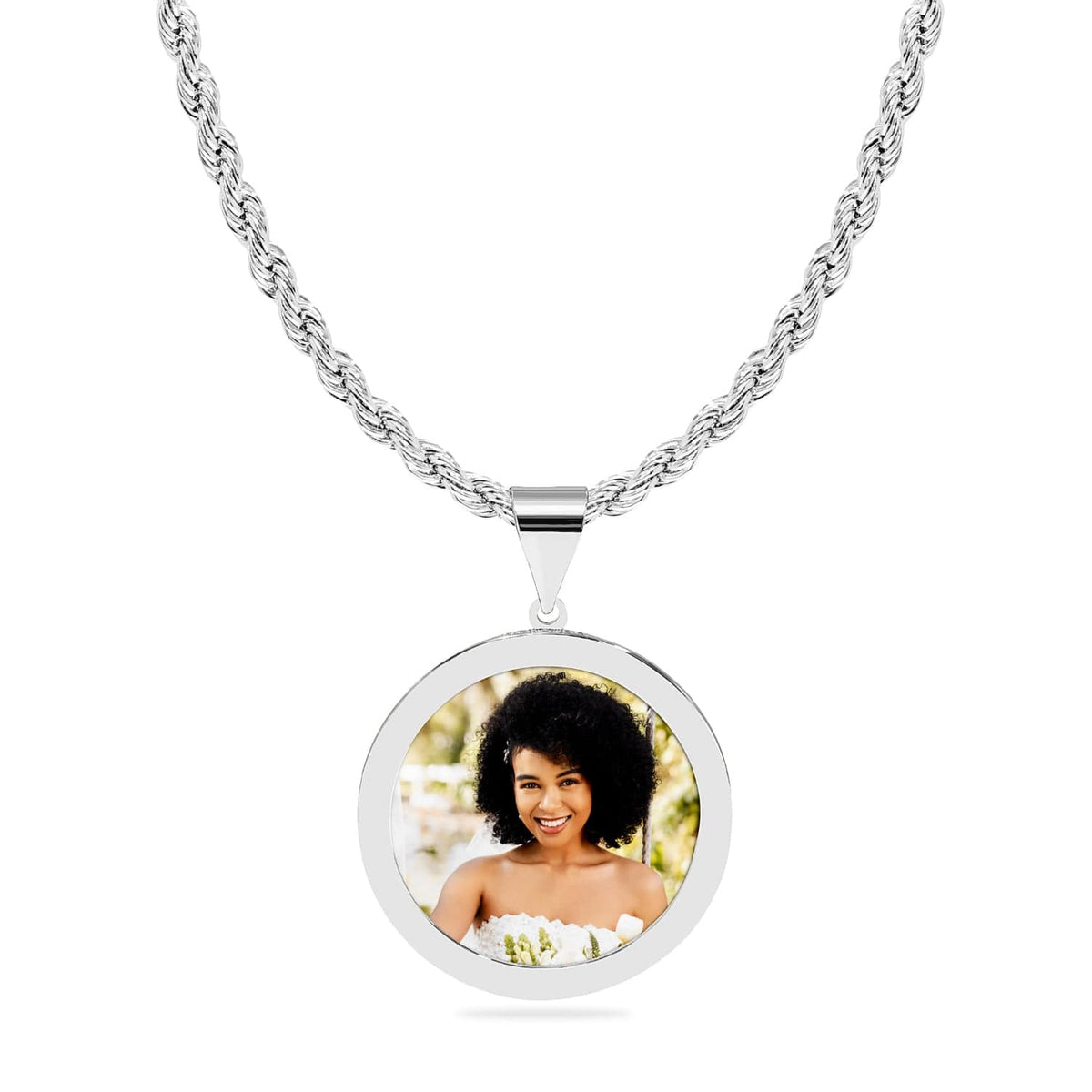 Sterling Silver / Rope Chain Round Photo Pendant High Polished