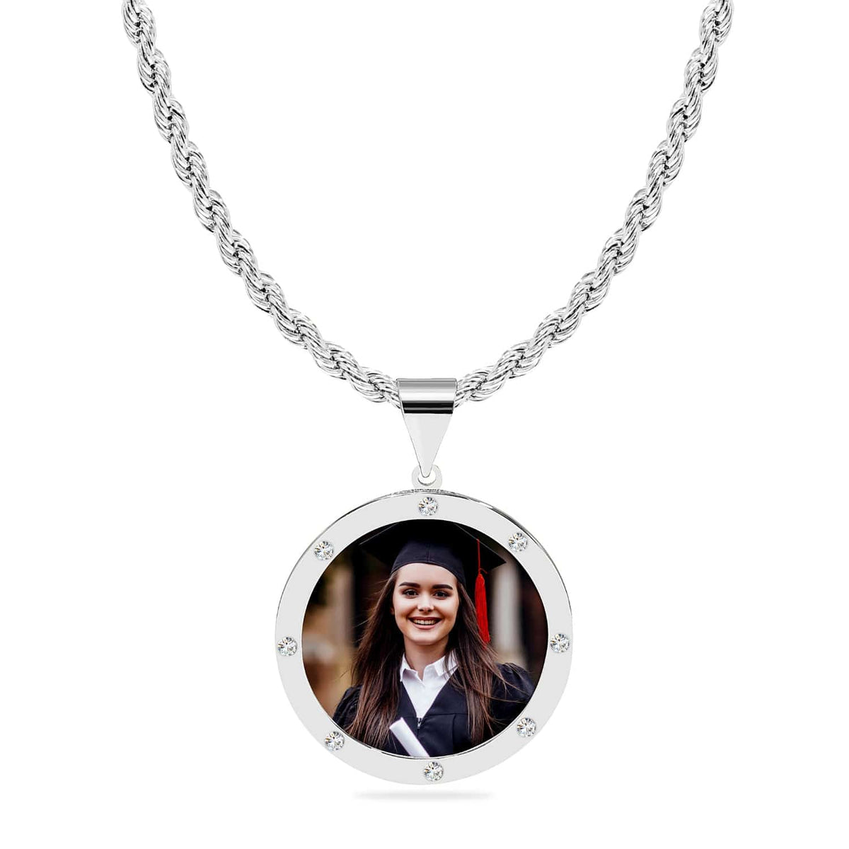 Sterling Silver / Rope Chain Round Photo Pendant with Zirconia