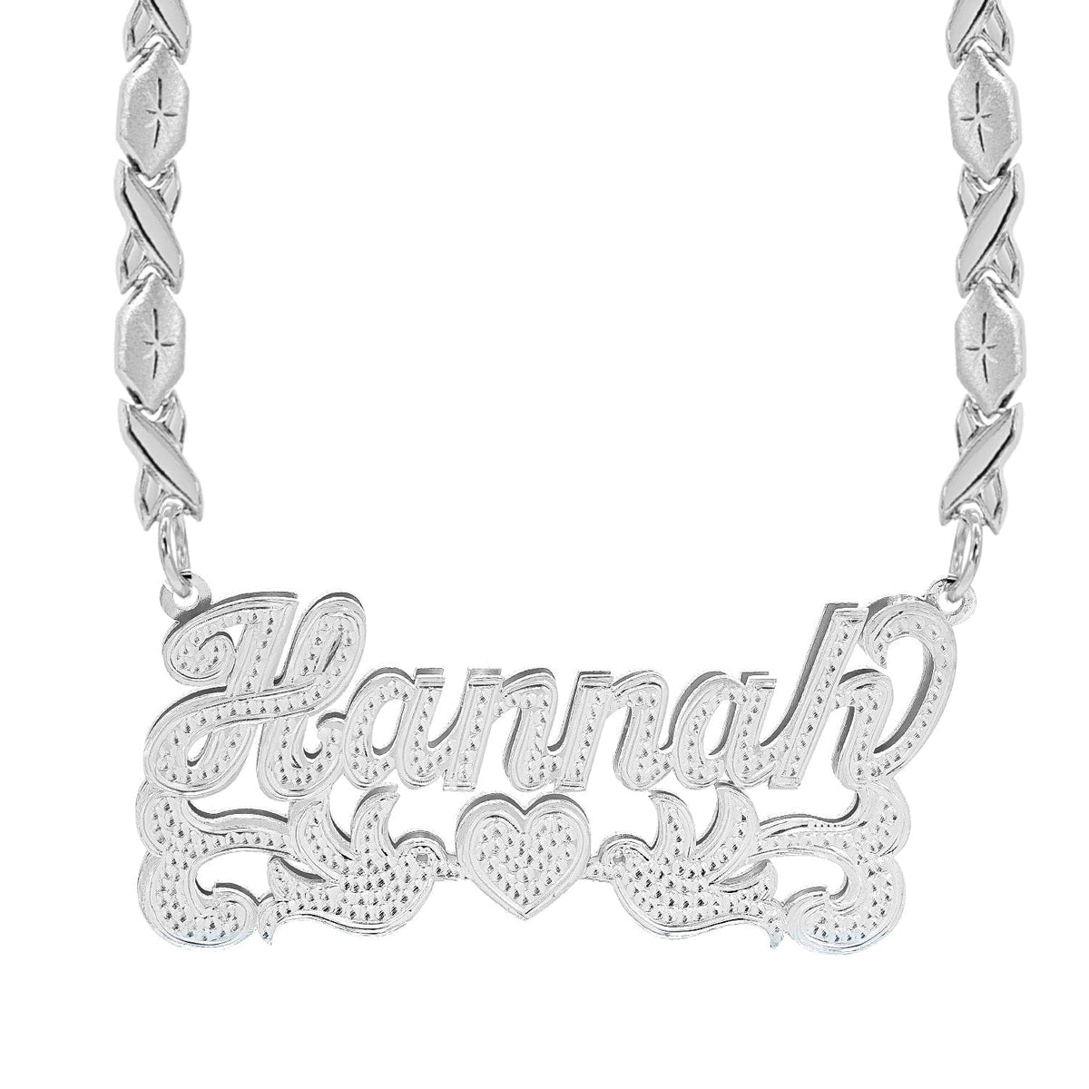 Sterling Silver / Xoxo Chain Double Nameplate Necklace w/ Love Birds &quot;Hannah&quot;