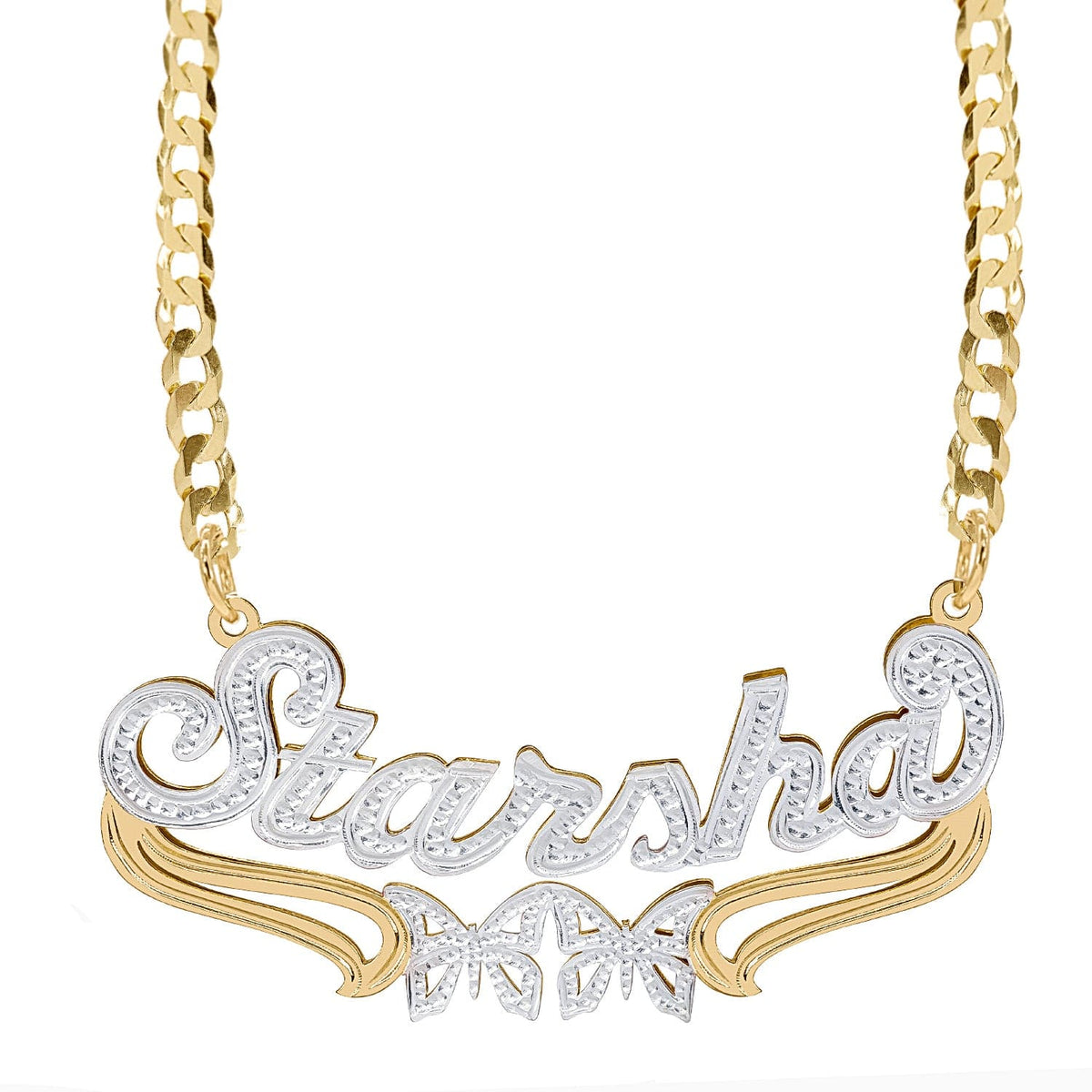 Two-Tone Plated / Cuban Chain Double-plated Script Name Necklace with Beading/Rhodium