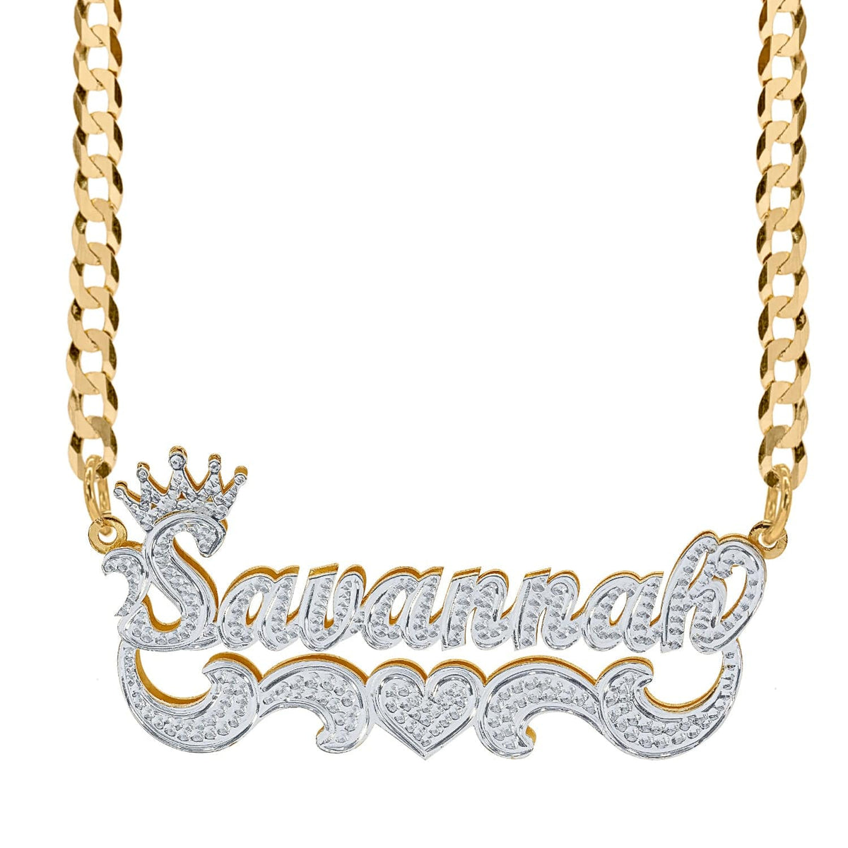 Two-Tone Plated / Cuban Chain Double-plated Script Name Necklace with Beading/Rhodium All Over Name and Tail