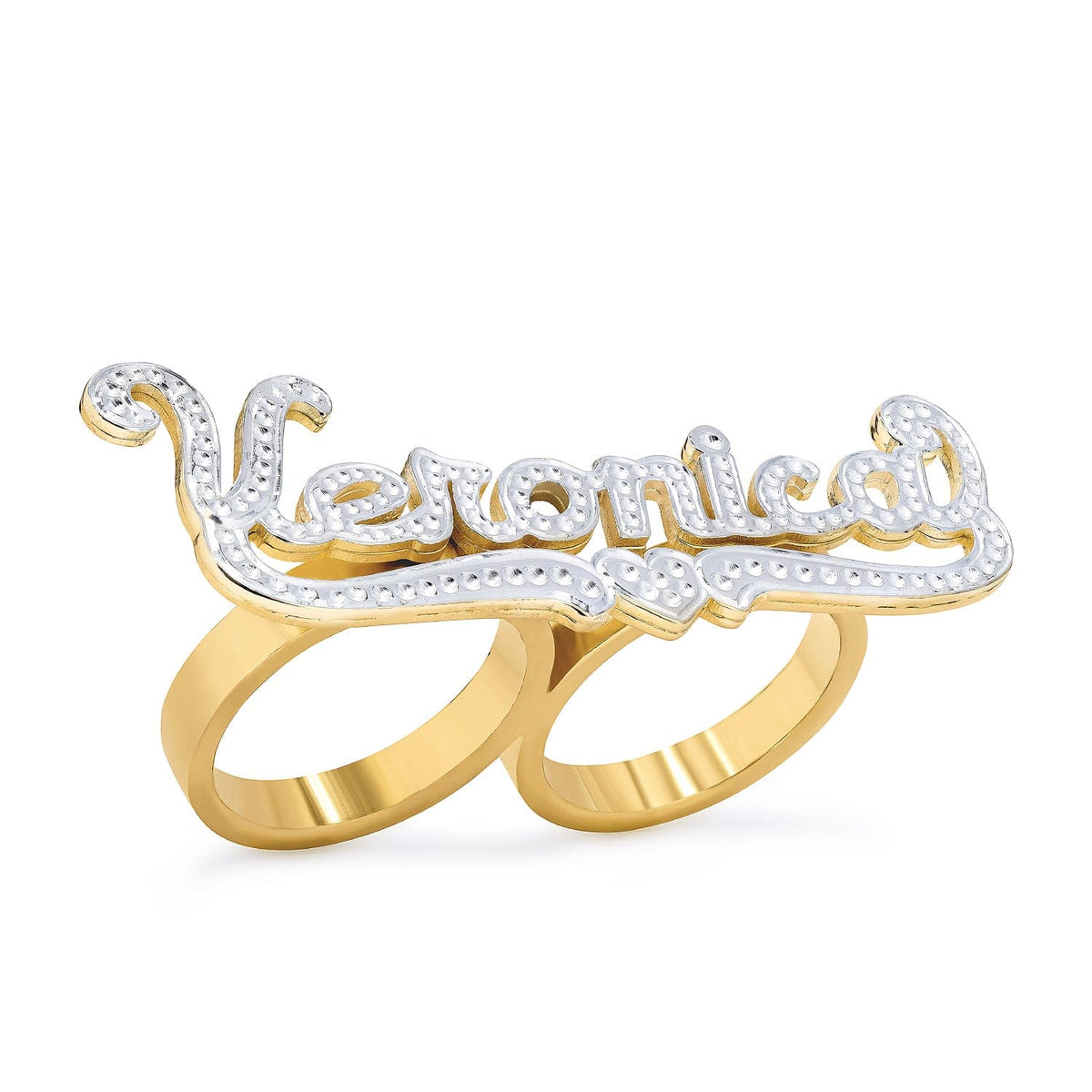 Two-Tone Plated Double-Finger Name Ring with Beading/Rhodium