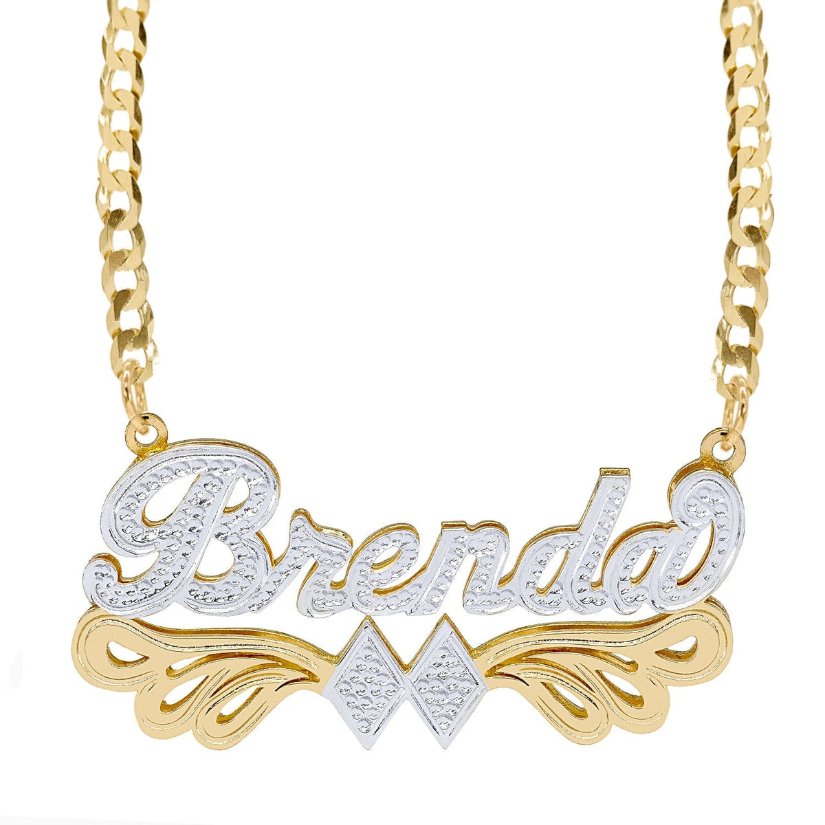 Two-Tone Sterling Silver / Cuban Chain Double-plated Script Name Necklace &quot;Brenda&quot;