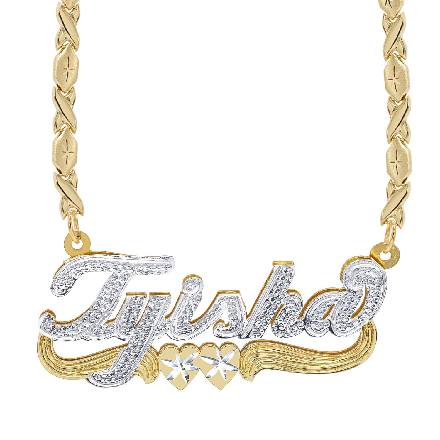 Two-Tone Sterling Silver / Xoxo Chain Custom  Double Script Name Plate With Beading "Tyisha"