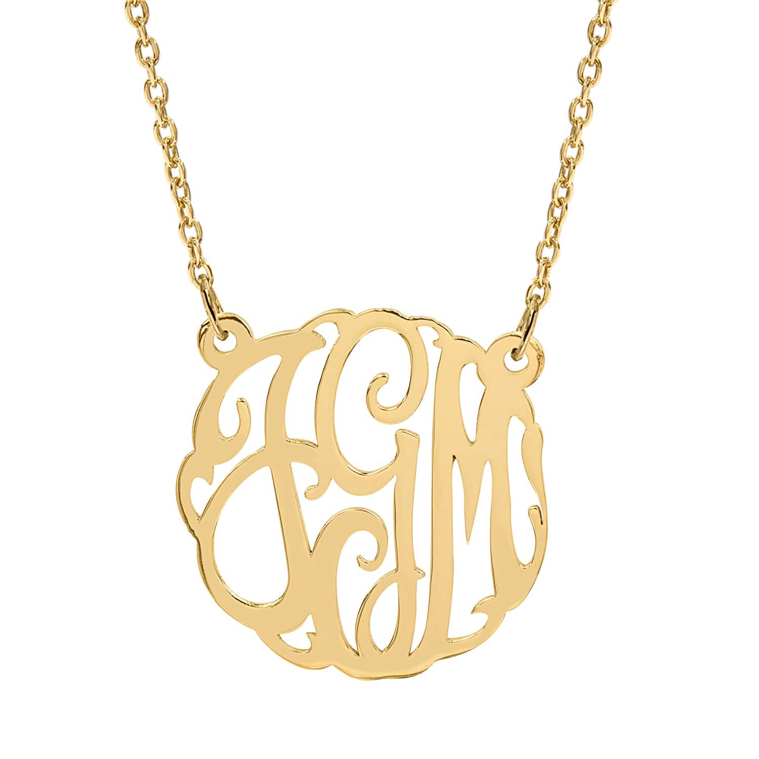 0.875" Monogram Pendant / 14K Gold over Sterling Silver / Link Chain Script Initials Monogram Necklace