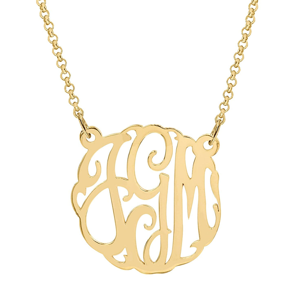 0.875&quot; Monogram Pendant / 14K Gold over Sterling Silver / Rollo Chain Script Initials Monogram Necklace