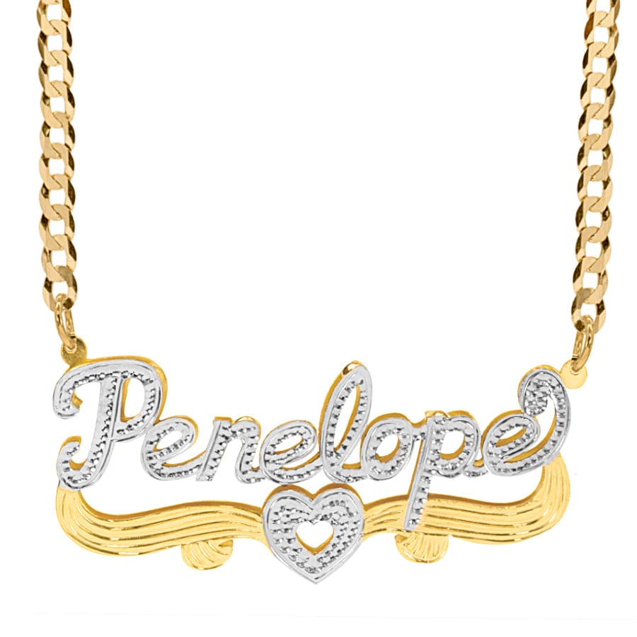 10K Solid Gold / Cuban Chain Solid Gold Double Name Plate with Tail and Heart &quot;Penelope&quot;