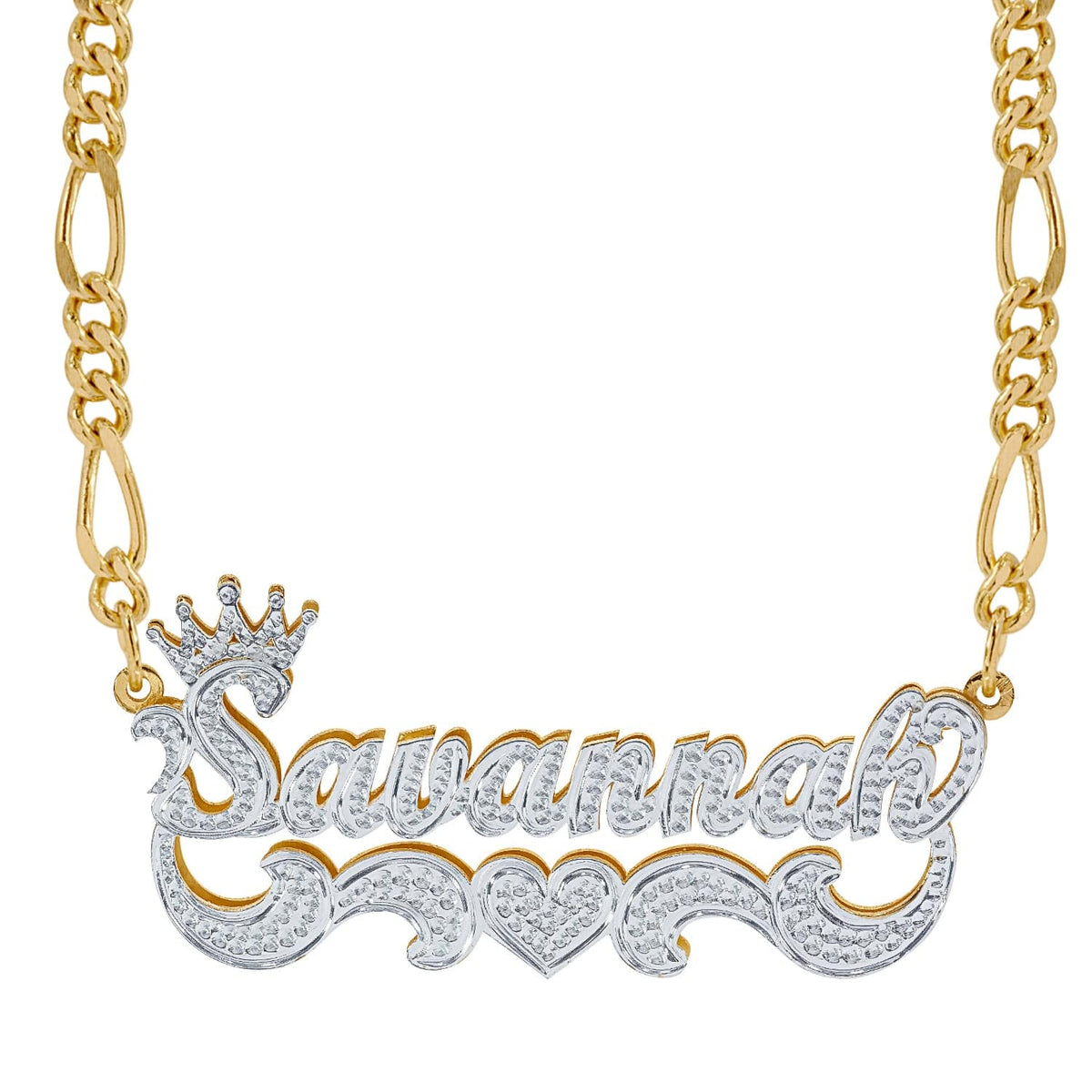 10K Solid Gold / Figaro Chain Solid Gold Crown Double Plated Name Necklace &quot;Savannah&quot;