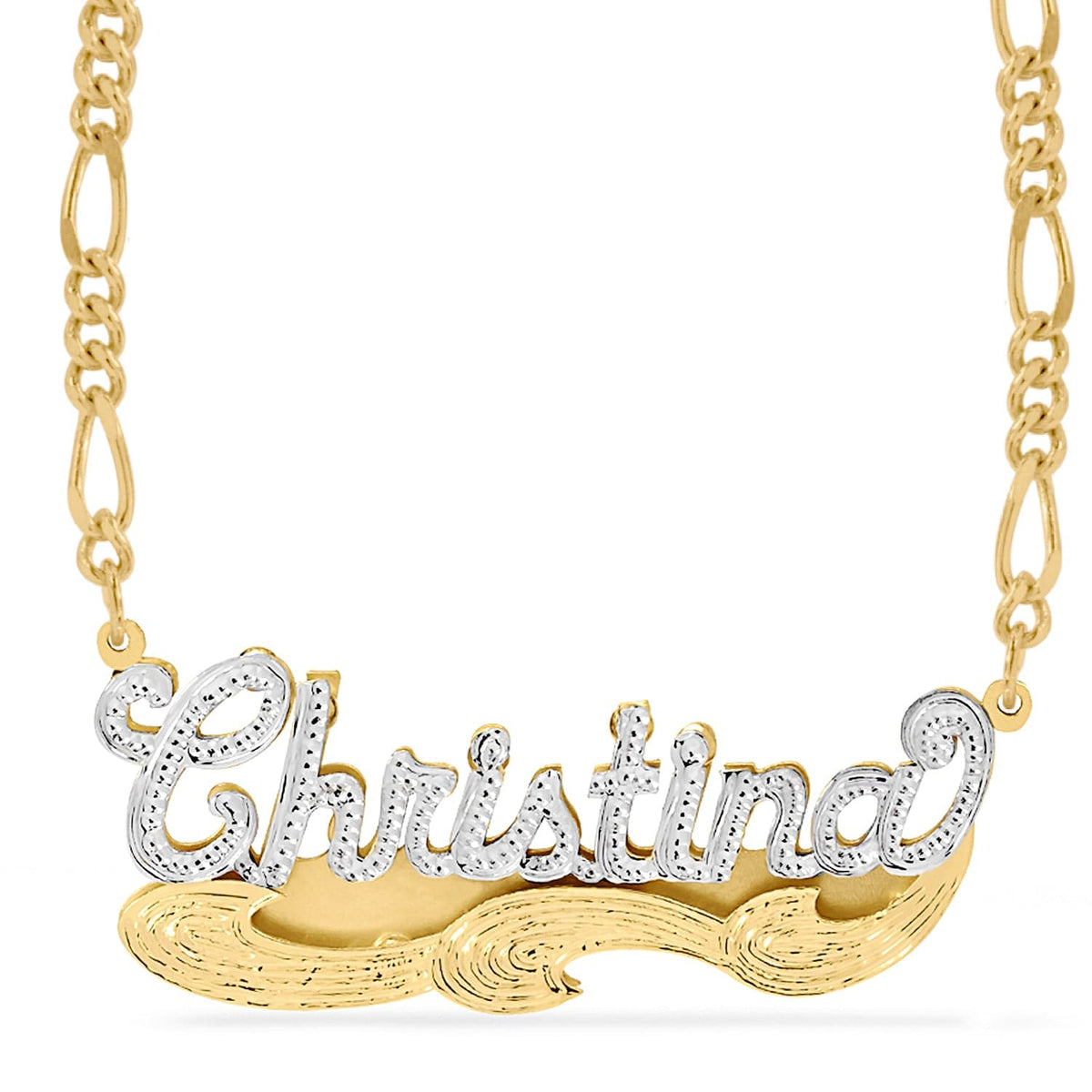 10K Solid Gold / Figaro Chain Solid Gold Double Name Necklace w/Beading-Rhodium