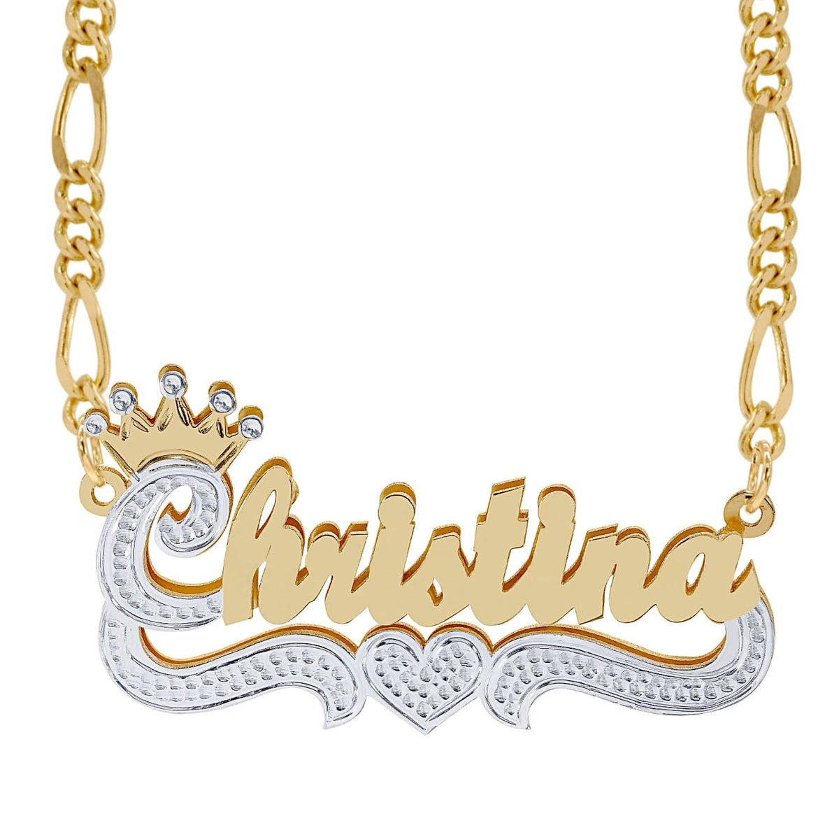 10K Solid Gold / Figaro Chain Solid Gold Double Plated Name Necklace &quot;Christina&quot;