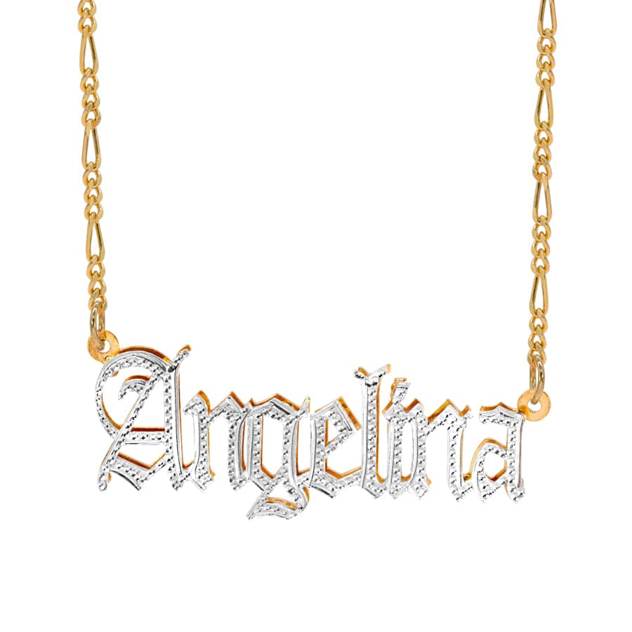 10K Solid Gold / Figaro Chain Solid Gold  Gothic Double Plated Name Necklace