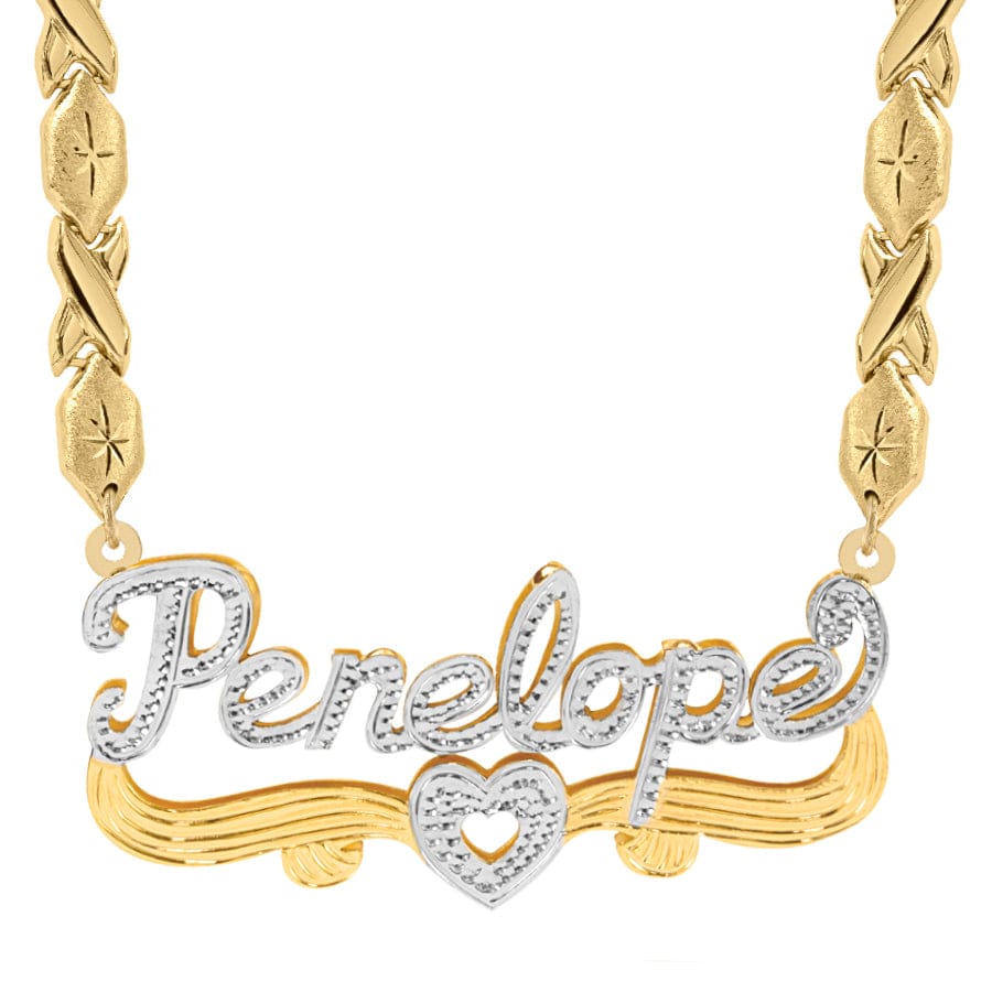 10K Solid Gold / Xoxo Chain Solid Gold Double Name Plate with Tail and Heart &quot;Penelope&quot;