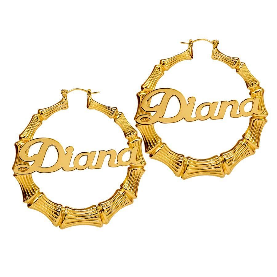 14K Gold over Sterling Silver 2&quot; Hoops Bamboo Name Earrings