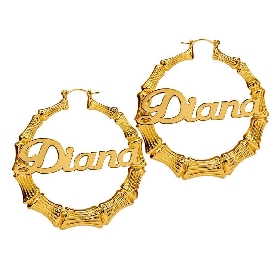 14K Gold over Sterling Silver 2" Hoops Bamboo Name Earrings
