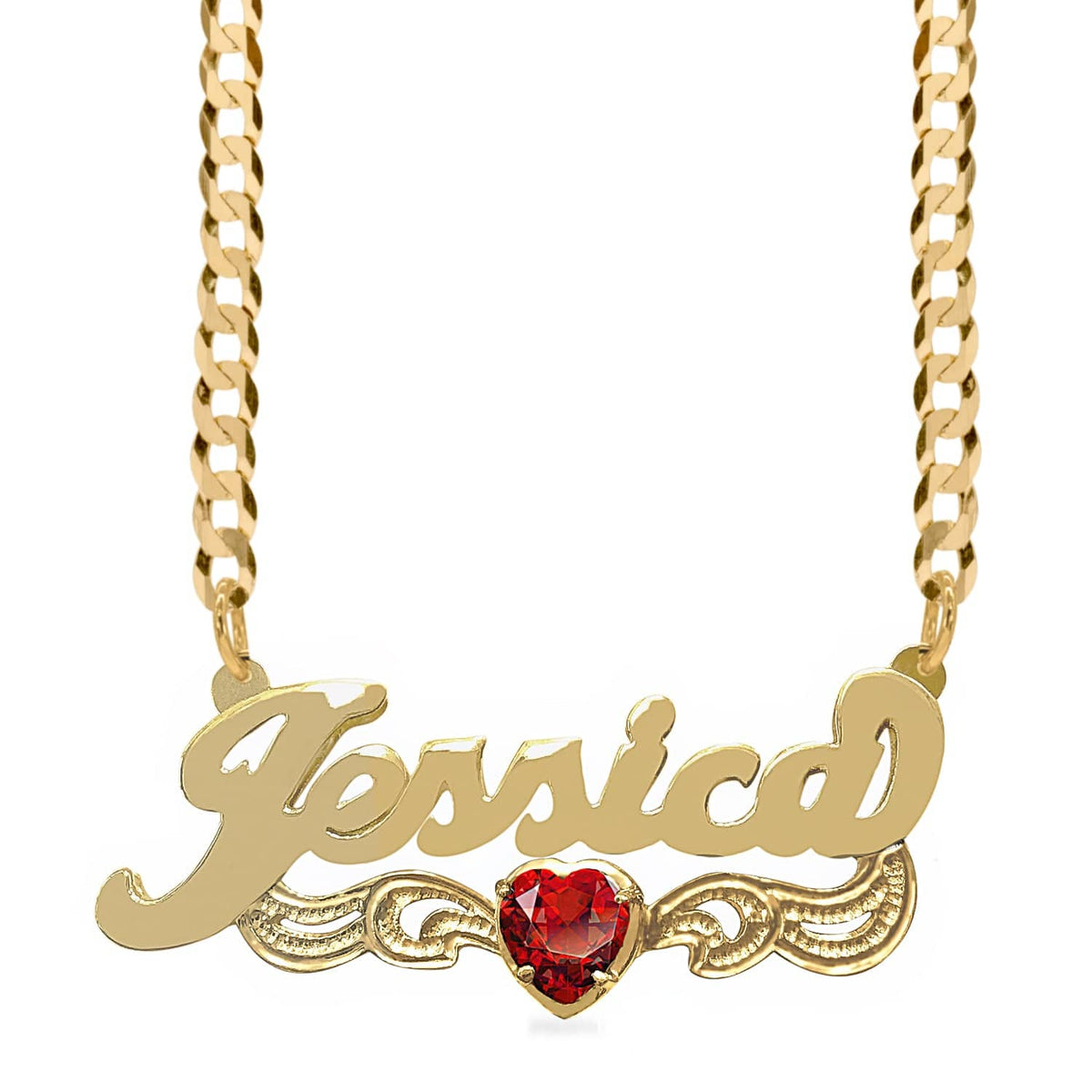 14k Gold over Sterling Silver / Cuban Chain Birthstone Heart Rhodium &quot;Double&quot; Nameplate with Cuban chain