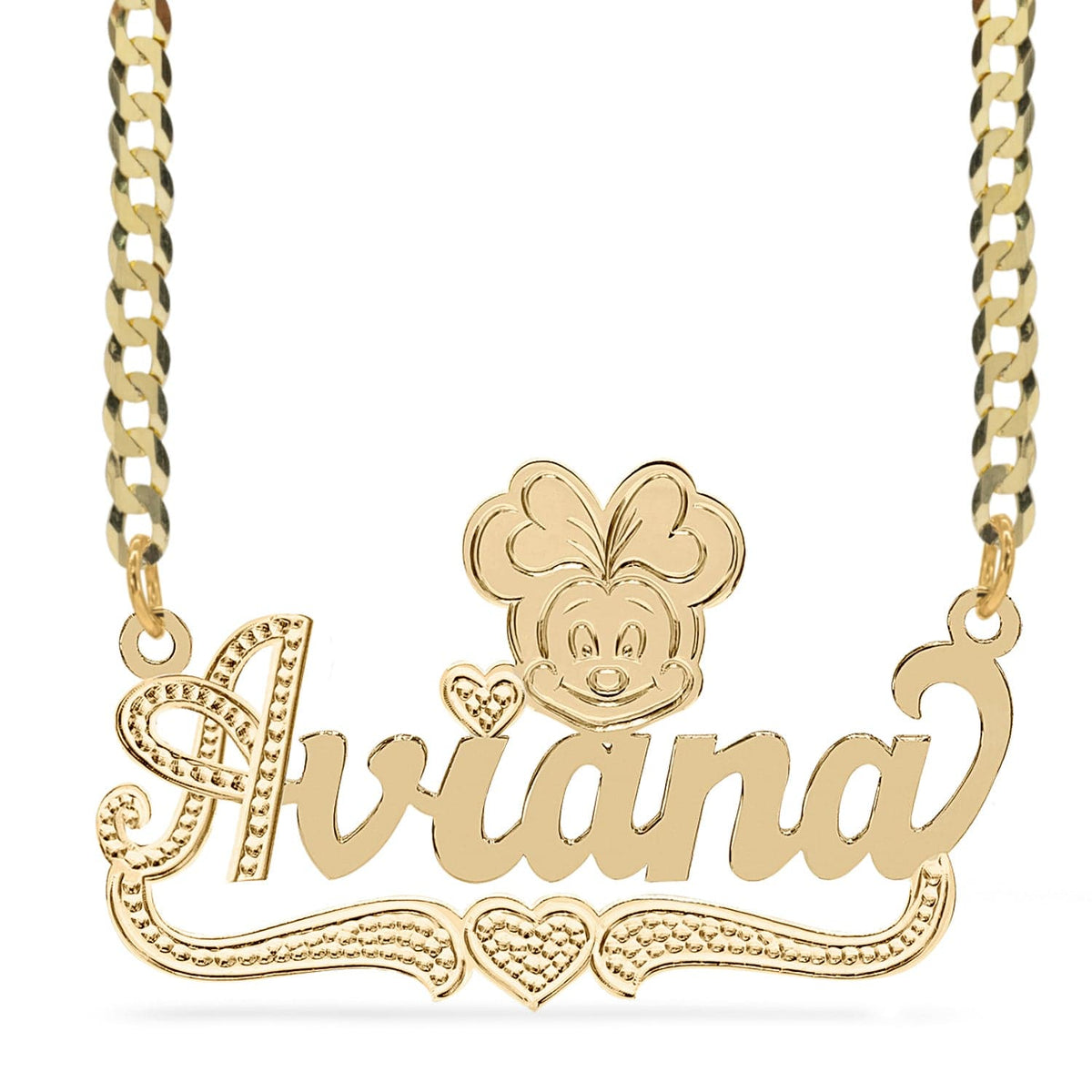 14k Gold over Sterling Silver / Cuban Chain Cartoon Nameplate Necklace &quot;Aviana&quot;