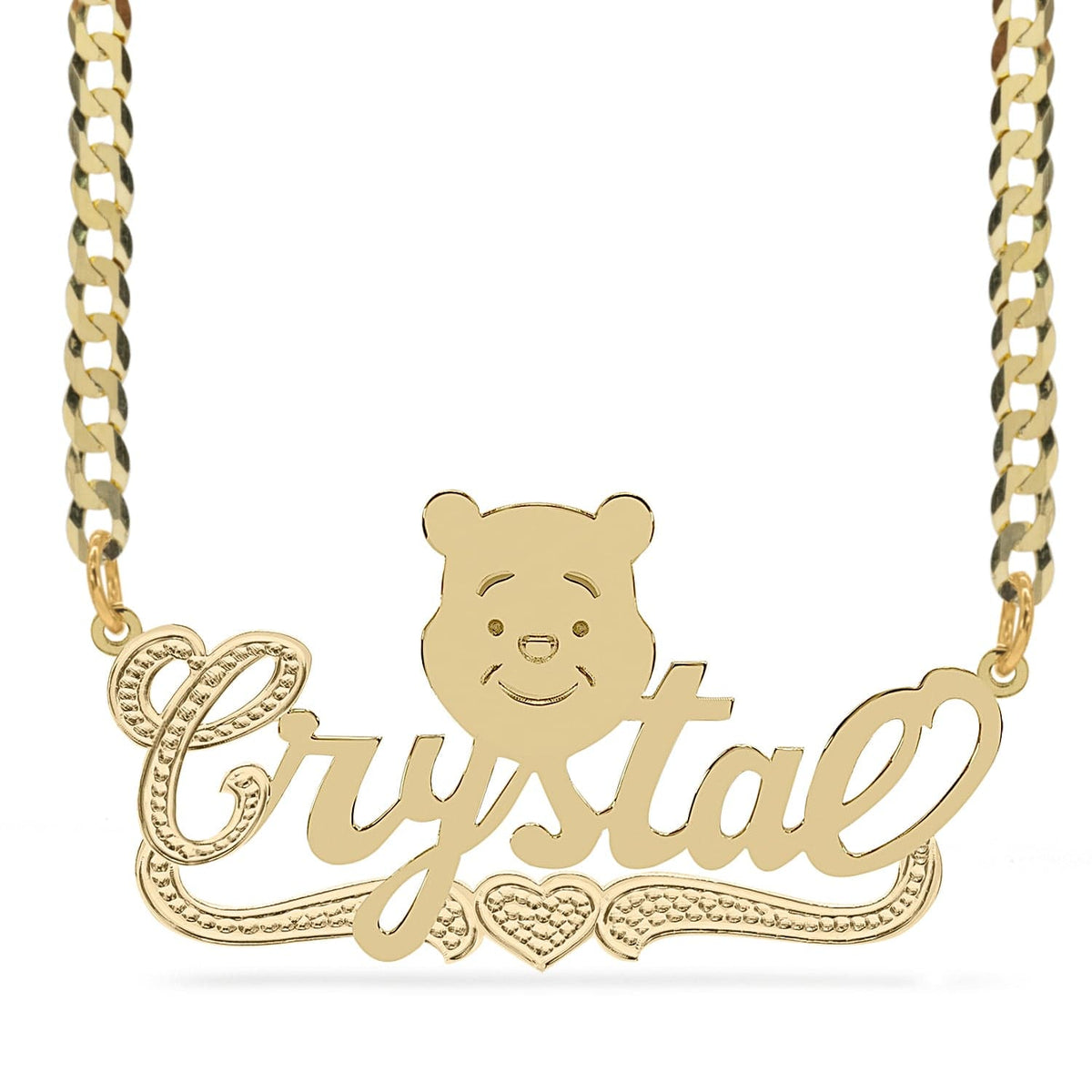 14k Gold over Sterling Silver / Cuban Chain Cartoon Nameplate Necklace &quot;Crystal&quot;
