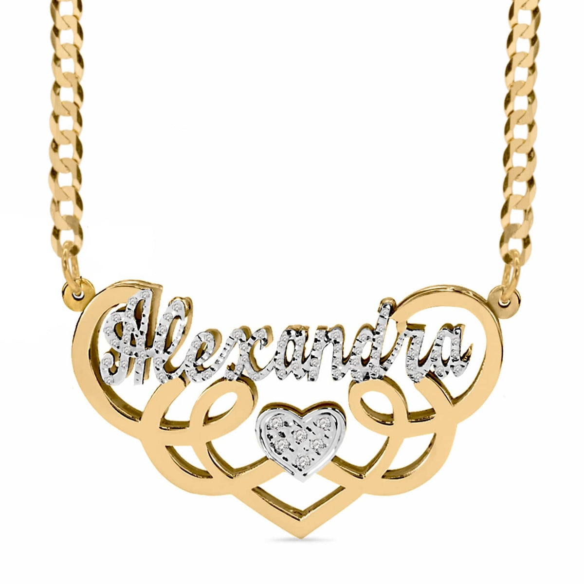 14K Gold over Sterling Silver / Cuban Chain Copy of Fancy Double Plated Name Necklace &quot;Alexandra&quot;