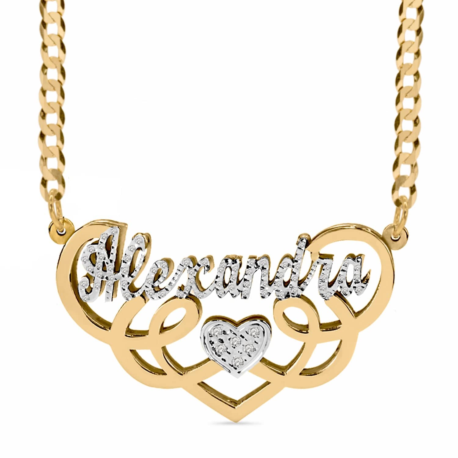 14K Gold over Sterling Silver / Cuban Chain Copy of Fancy Double Plated Name Necklace "Alexandra"