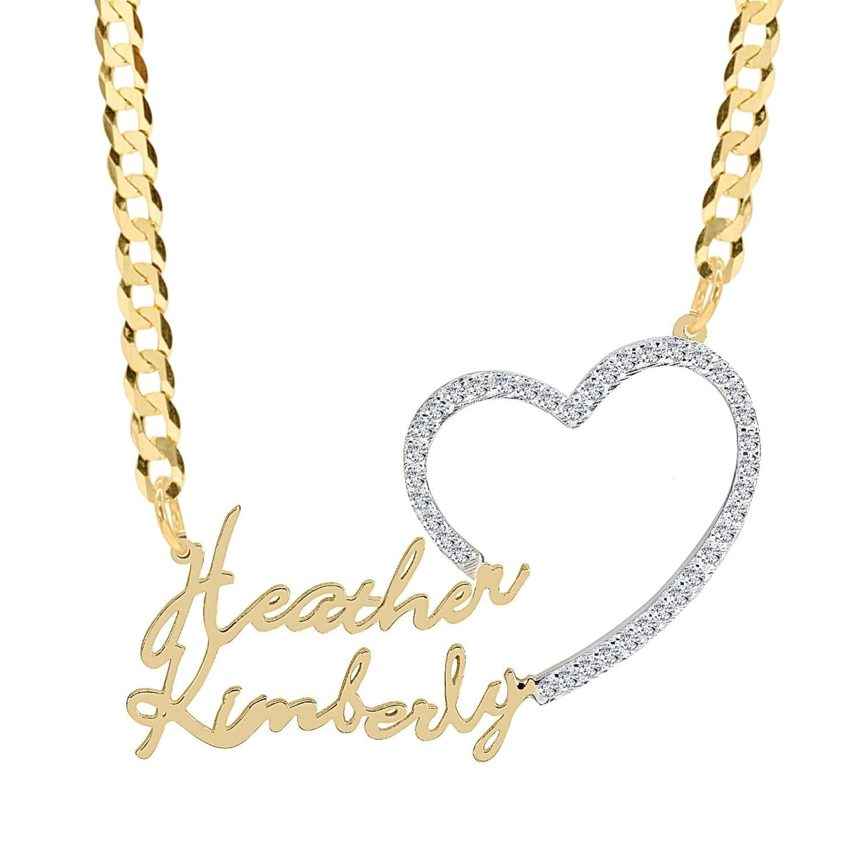 14k Gold over Sterling Silver / Cuban Chain Couples Single Nameplate Necklace with Stones Heart