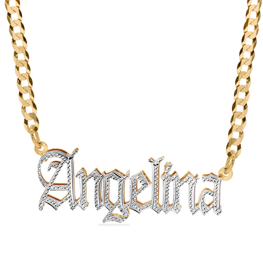 14K Gold over Sterling Silver / Cuban Chain Custom Double Plated Name Necklace "Angelina" with Cuban chain